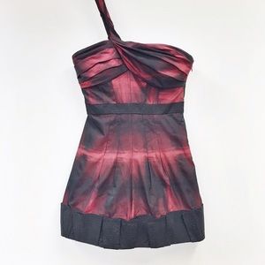 BCBG | red + black one shoulder mini dress